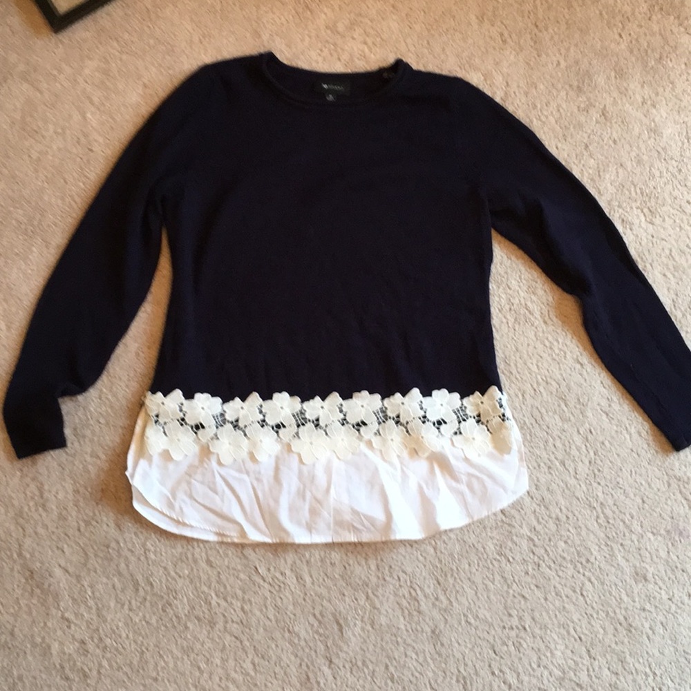 Navy sweater with lace and shirt like trim.